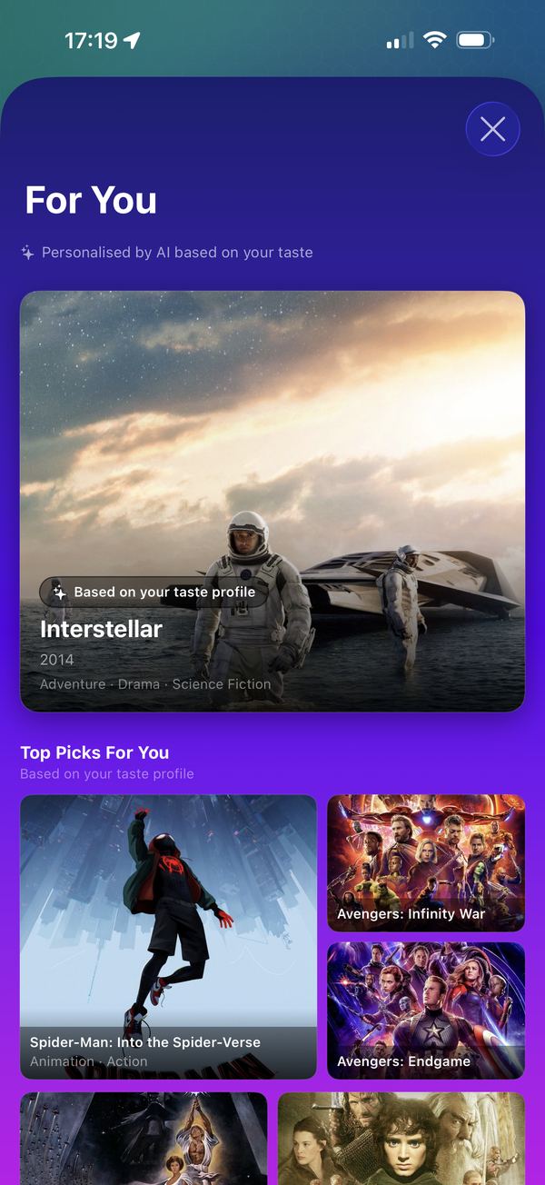The For You screen: picks personalised by AI, led by Interstellar