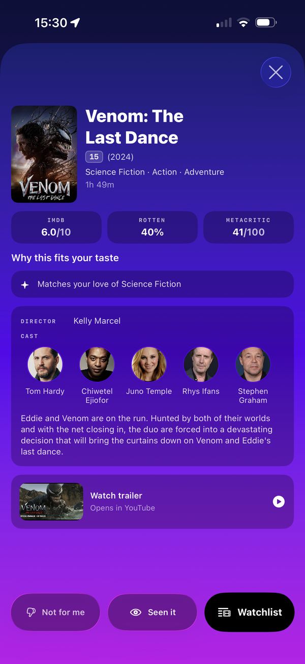 A movie's page showing why it fits your taste: matches your love of Science Fiction