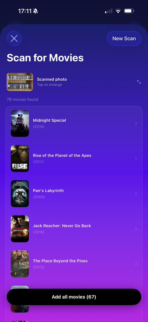 Scan for Movies: 79 movies found in one photo of a shelf, with Add all movies